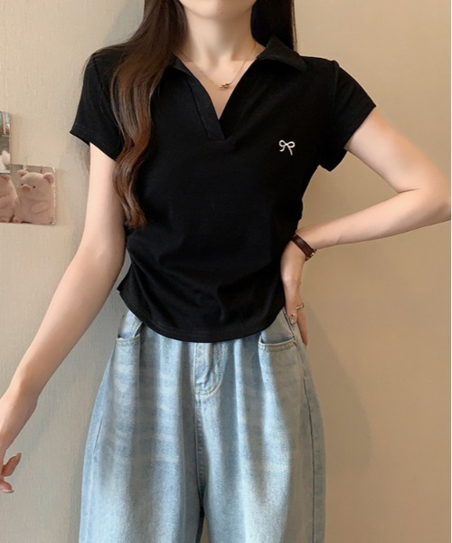 WEGO（ウィゴー）の「WEGO/前開きリボン刺繍ポロシャツTシャツ（Tシャツ/カットソー・レディース・ブラック/ホワイト/ピンク・LARGE/MEDIUM）」の10枚目の写真