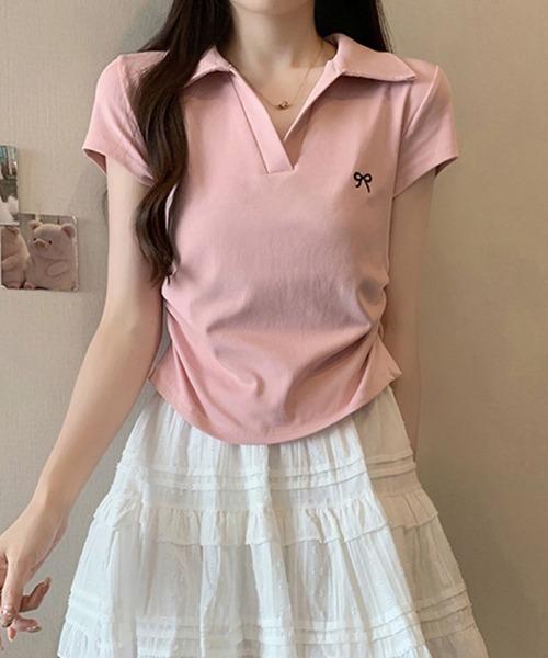 WEGO（ウィゴー）の「WEGO/前開きリボン刺繍ポロシャツTシャツ（Tシャツ/カットソー・レディース・ブラック/ホワイト/ピンク・LARGE/MEDIUM）」の8枚目の写真