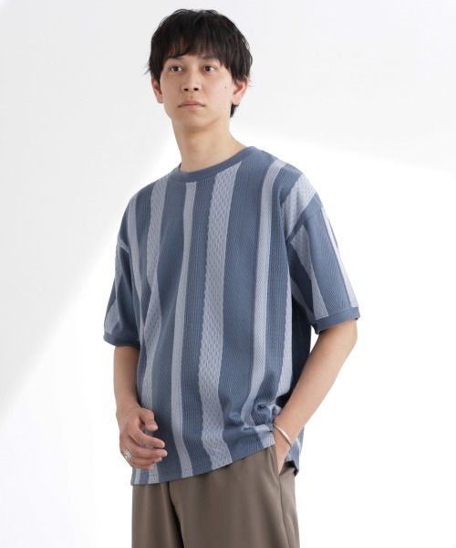 NANO universe(ナノユニバース)の「ストライプジャガードTシャツ 半袖(Tシャツ/カットソー・メンズ・ブルーグレー/ホワイト/ブラック/グリーン・XL/L/M/S)」の5枚目の写真