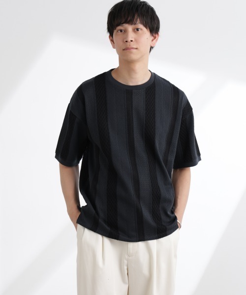 NANO universe(ナノユニバース)の「ストライプジャガードTシャツ 半袖(Tシャツ/カットソー・メンズ・ブルーグレー/ホワイト/ブラック/グリーン・XL/L/M/S)」の12枚目の写真