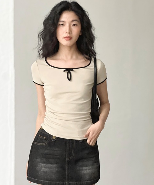 tシャツ コンパクトリボンリンガーTシャツ EM25s050「EIGHTHMONTH」 レディース コンパクトリボンリンガーTシャツ EM25s050【EIGHTHMONTH】（T