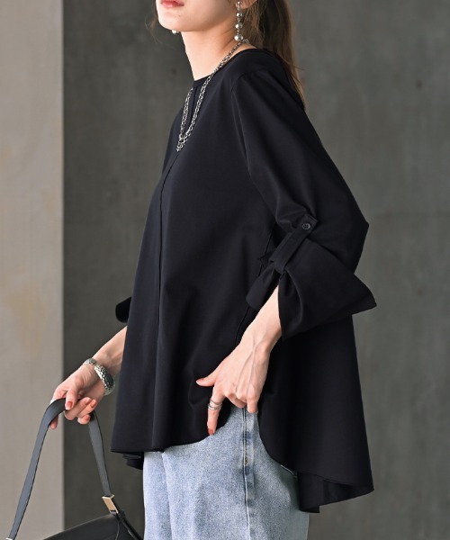 HUG.U(ハグユー)の「ブラウス見え 上質きれいめ フレアロンT(Tシャツ/カットソー・レディース・ブラック/ホワイト・L/M)」の8枚目の写真