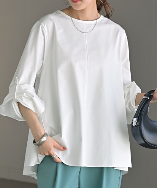 HUG.U(ハグユー)の「ブラウス見え 上質きれいめ フレアロンT(Tシャツ/カットソー・レディース・ブラック/ホワイト・L/M)」の6枚目の写真