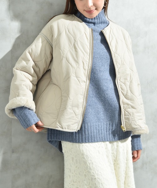 INTERPLANET（インタープラネット）の「ナイロンタフタ＊ファーキルトリバーシブルショートコート（ノーカラーコート・レディース・ブラック/グレイッシュベージュ・FREE）」の13枚目の写真