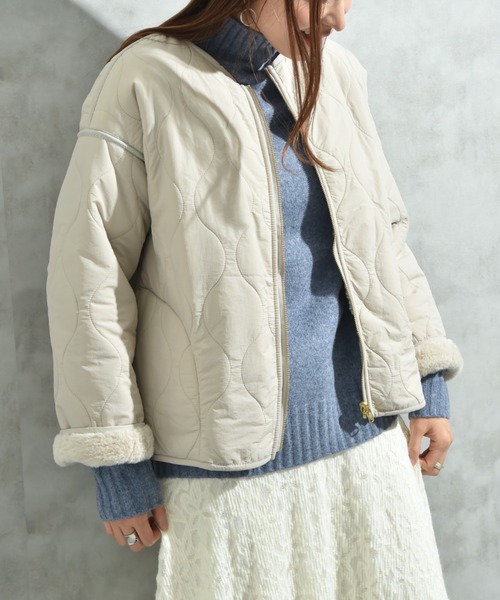 INTERPLANET（インタープラネット）の「ナイロンタフタ＊ファーキルトリバーシブルショートコート（ノーカラーコート・レディース・ブラック/グレイッシュベージュ・FREE）」の16枚目の写真