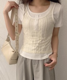 フェイクレイヤード レース半袖トップス