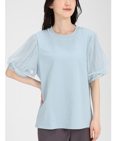 fifth(フィフス)の「パール付きパフスリーブTブラウス(Tシャツ/カットソー・レディース・ライトブルー/ブラック/ホワイト・M)」の1枚目の写真