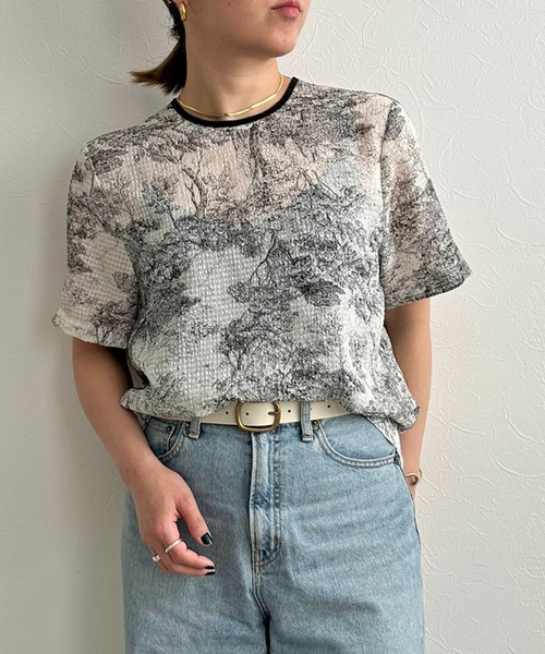 LHELBIE（レルビエ）の「サッカープリントブラウス（シャツ/ブラウス・レディース・ブラック/ベージュ/ネイビー・M）」の2枚目の写真