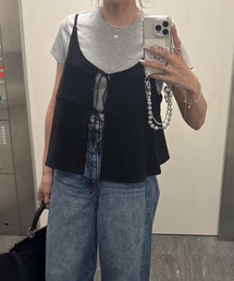 リボンキャミソールリネンビスチェ(chiica select) / フレアビスチェ レイヤード 重ね着 ベスト クロップド丈 ショート丈 短丈 ブラック ベージュ 黒