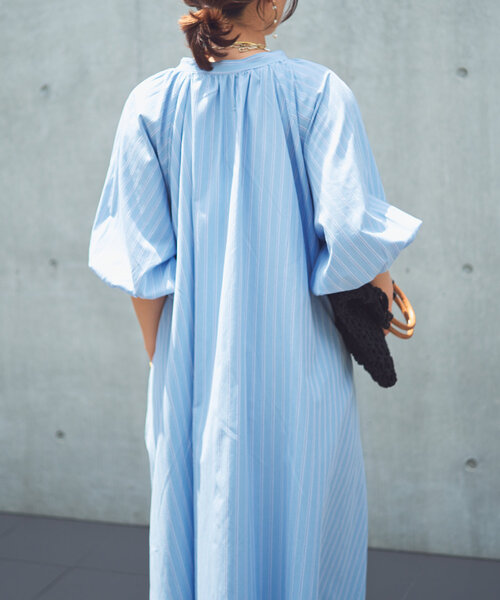 un dix cors（アンディコール）の「《一枚で着映え》スキッパーストライプワンピース（シャツワンピース・レディース・ブラック/ブルー/キャメル・FREE）」の6枚目の写真