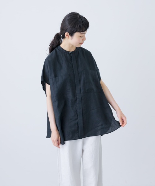 かぐれ（カグレ）の「リネンWポケットフレンチシャツ（シャツ/ブラウス・レディース・ライトブルー/オフホワイト/ブラック・FREE）」の4枚目の写真