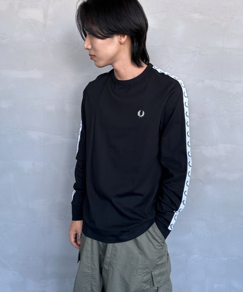 tシャツ 「WEB先行予約」「FRED PERRY/フレッドペリー」 トラックテープデザイン ワンポイントロゴ刺繍ロンT（WEB限定） レディース メ WEB先行予約】[FRED PERRY/フレッドペリー] トラックテープ