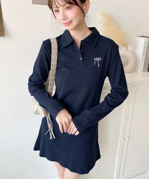 セール】ワンポイントリボン刺繍長袖ポロワンピース（ワンピース