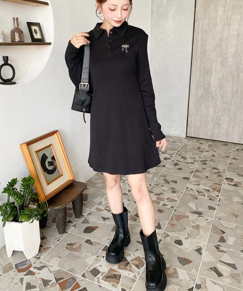 セール】ワンポイントリボン刺繍長袖ポロワンピース（ワンピース