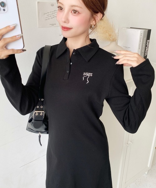 セール】ワンポイントリボン刺繍長袖ポロワンピース（ワンピース