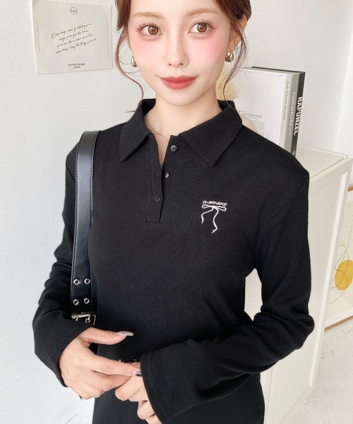 セール】ワンポイントリボン刺繍長袖ポロワンピース（ワンピース