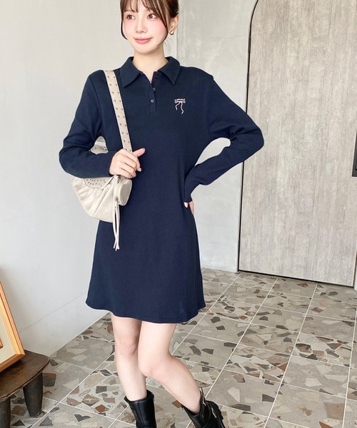 セール】ワンポイントリボン刺繍長袖ポロワンピース（ワンピース