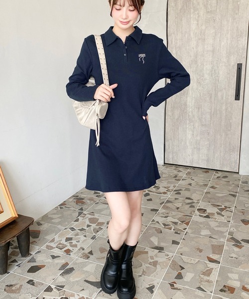 セール】ワンポイントリボン刺繍長袖ポロワンピース（ワンピース