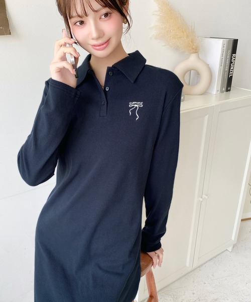 セール】ワンポイントリボン刺繍長袖ポロワンピース（ワンピース