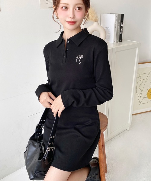 セール】ワンポイントリボン刺繍長袖ポロワンピース（ワンピース