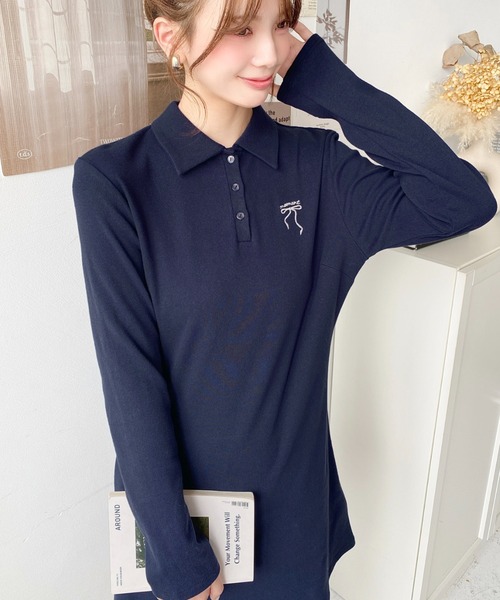 セール】ワンポイントリボン刺繍長袖ポロワンピース（ワンピース