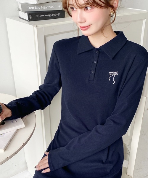 セール】ワンポイントリボン刺繍長袖ポロワンピース（ワンピース