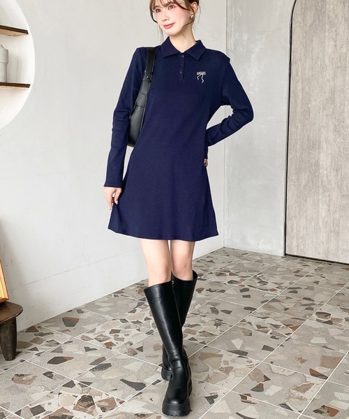 セール】ワンポイントリボン刺繍長袖ポロワンピース（ワンピース