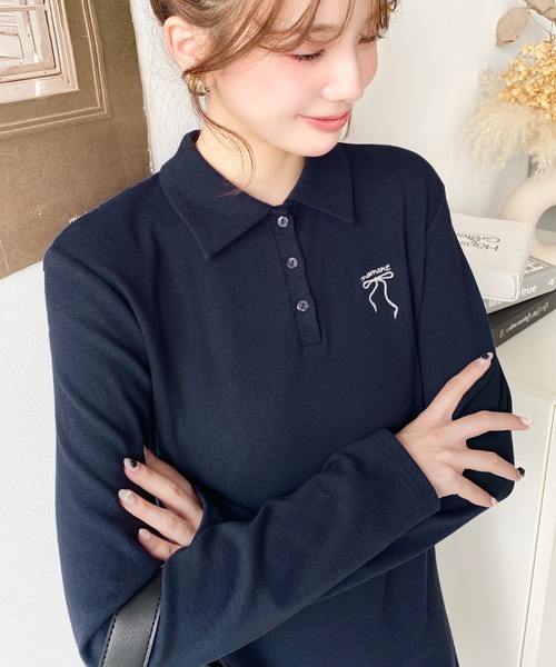 セール】ワンポイントリボン刺繍長袖ポロワンピース（ワンピース