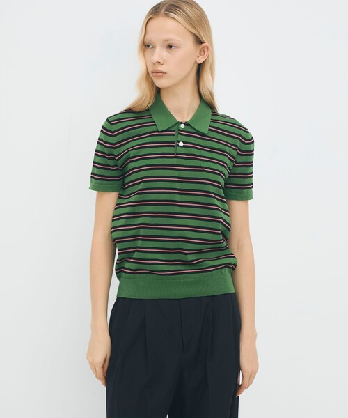 CABaN / 25SS/コットンストライプポロハーフスリーブプルオーバー/ポロ/S/コットン/GRN/ボーダー コットンストライプ ポロハーフスリーブプルオーバー（ニット/セーター