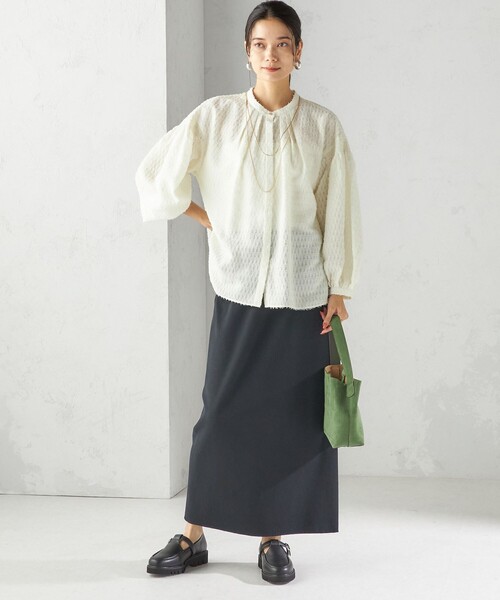 セール】〈手洗い可能〉シアー ジャカード 袖 シャーリング ブラウス