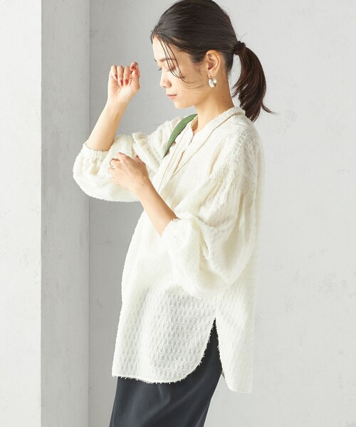 セール】〈手洗い可能〉シアー ジャカード 袖 シャーリング ブラウス