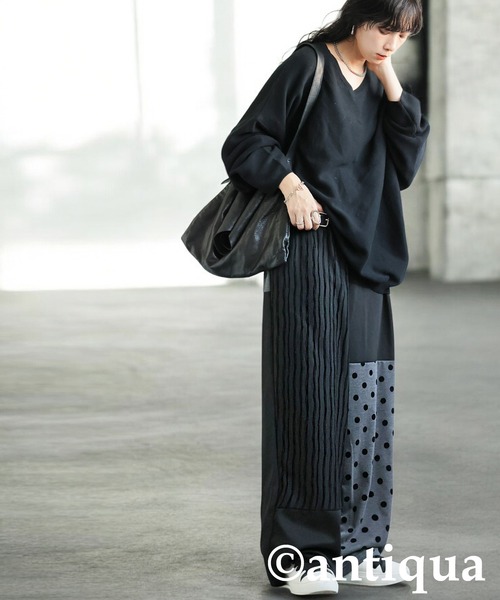 antiqua(アンティカ)の「ドット×ストライプ切替ワイドパンツ(その他パンツ・レディース・ブラック・MEDIUM/LARGE)」の2枚目の写真