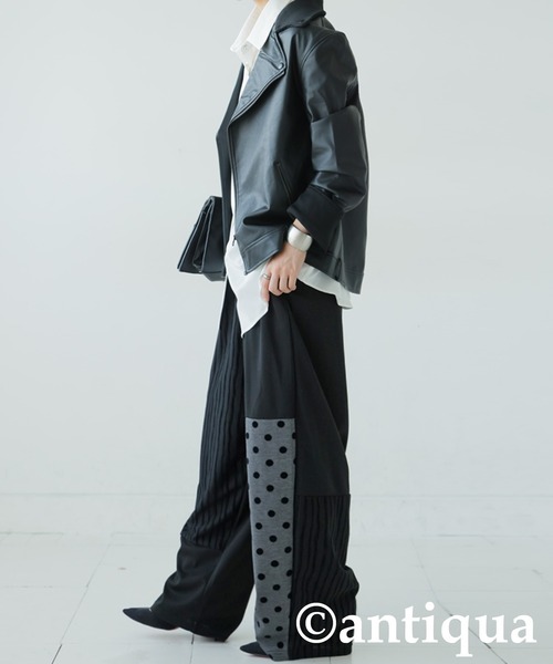 antiqua(アンティカ)の「ドット×ストライプ切替ワイドパンツ(その他パンツ・レディース・ブラック・MEDIUM/LARGE)」の5枚目の写真