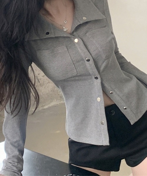 Lace Ladies(レースレディース)の「メタル ボタン ポケット付き リブ トップス(Tシャツ/カットソー・レディース・ホワイト/グレー・S/M/XL)」の10枚目の写真
