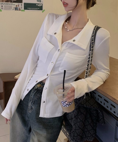 Lace Ladies(レースレディース)の「メタル ボタン ポケット付き リブ トップス(Tシャツ/カットソー・レディース・ホワイト/グレー・S/M/XL)」の11枚目の写真