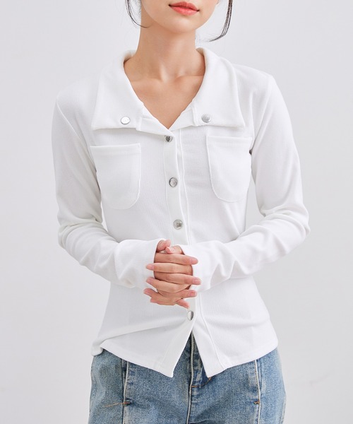 Lace Ladies(レースレディース)の「メタル ボタン ポケット付き リブ トップス(Tシャツ/カットソー・レディース・ホワイト/グレー・S/M/XL)」の13枚目の写真