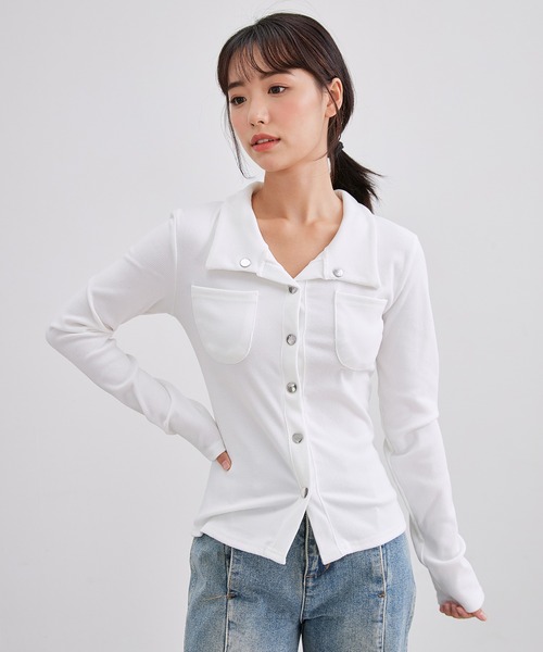 Lace Ladies(レースレディース)の「メタル ボタン ポケット付き リブ トップス(Tシャツ/カットソー・レディース・ホワイト/グレー・S/M/XL)」の15枚目の写真