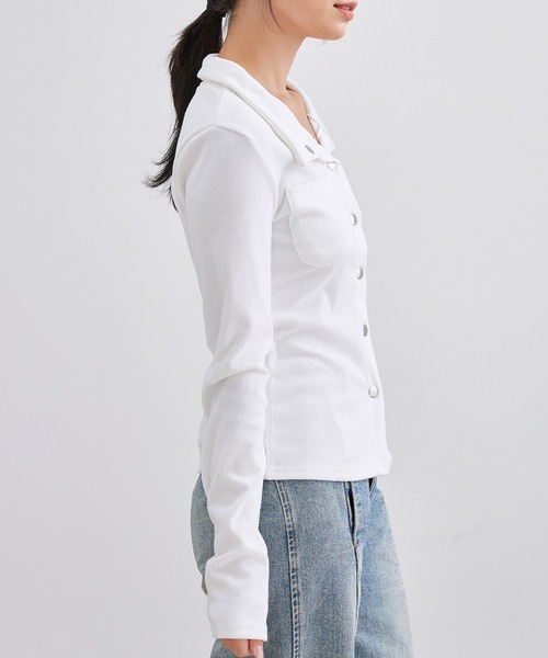 Lace Ladies(レースレディース)の「メタル ボタン ポケット付き リブ トップス(Tシャツ/カットソー・レディース・ホワイト/グレー・S/M/XL)」の16枚目の写真