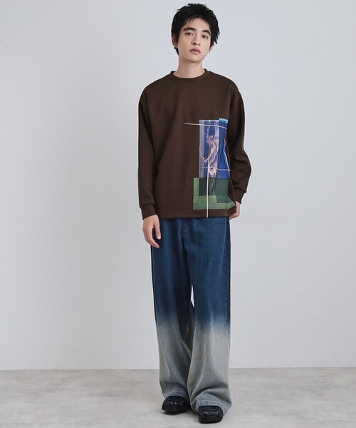 tk.TAKEO KIKUCHI（ティーケータケオキクチ）の「長袖 サイドスタックプリントカットソー（Tシャツ/カットソー・メンズ・ブラウン系その他/ブラック/ホワイト・02/03）」の13枚目の写真