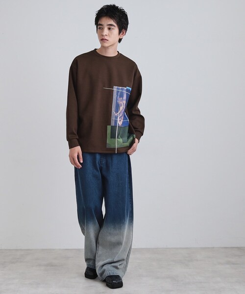 tk.TAKEO KIKUCHI（ティーケータケオキクチ）の「長袖 サイドスタックプリントカットソー（Tシャツ/カットソー・メンズ・ブラウン系その他/ブラック/ホワイト・02/03）」の14枚目の写真