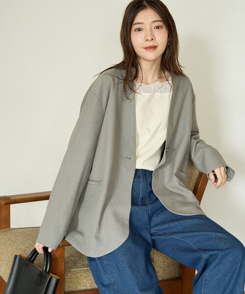 ハンドメイド　ノーカラージャケット　ブルーグレー【お試し特別価格】 セール】限定展開 ソフトタッチ ツイル ノーカラー ジャケット