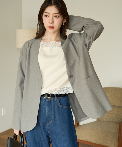 セール】限定展開 ソフトタッチ ツイル ノーカラー ジャケット