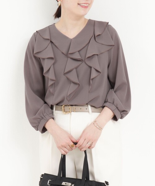 MICO COULIER（ミコクリエ）の「ジョーゼットフリルブラウス（シャツ/ブラウス・レディース・ホワイト系その他/ネイビー/モカ/ライトグレー・38）」の3枚目の写真