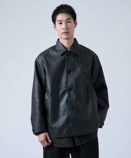 セール】フェード加工 フェイクレザーカーコート（ライダース