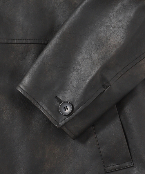 B.C STOCK（ベーセーストック）の「フェード加工 フェイクレザーカーコート（ライダースジャケット・メンズ・ブラック・LARGE/MEDIUM）」の2枚目の写真