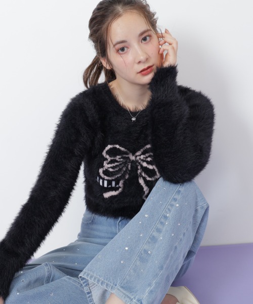 JILL by JILL STUART（ジルバイジルスチュアート）の「◇フェザーリボンジャガードニット（ニット/セーター・レディース・ブラック/ホワイト/ピンク・FREE）」の5枚目の写真