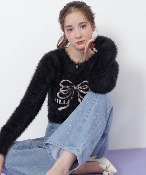 JILL by JILL STUART（ジルバイジルスチュアート）の「◇フェザーリボンジャガードニット（ニット/セーター・レディース・ブラック/ホワイト/ピンク・FREE）」の6枚目の写真