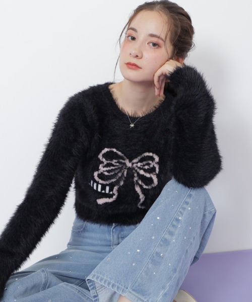 JILL by JILL STUART（ジルバイジルスチュアート）の「◇フェザーリボンジャガードニット（ニット/セーター・レディース・ブラック/ホワイト/ピンク・FREE）」の7枚目の写真