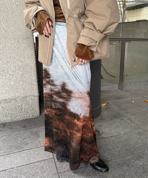 Ameri UND LANDSCAPE PRINT SKIRT（ブルー） UND LANDSCAPE PRINT
