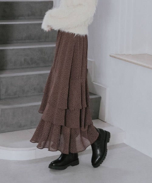 archives(アルシーヴ)の「ドットアソートフリルティアードスカート(スカート・レディース・ホワイト×ブラウン/アイボリー/ホワイト×ブラック/ブラック・MEDIUM)」の7枚目の写真